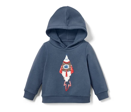 Sweat-shirt bleu pour enfant avec capuche et motif de fusée à paillettes réversibles.