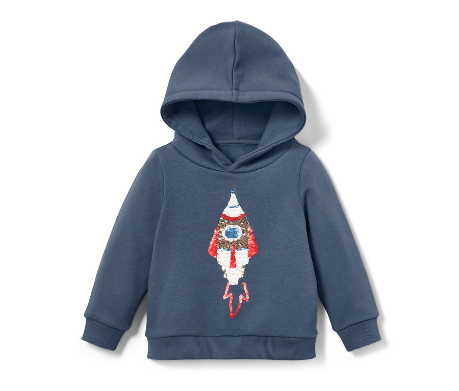 Sweat-shirt bleu pour enfant avec capuche et motif de fusée à paillettes réversibles.