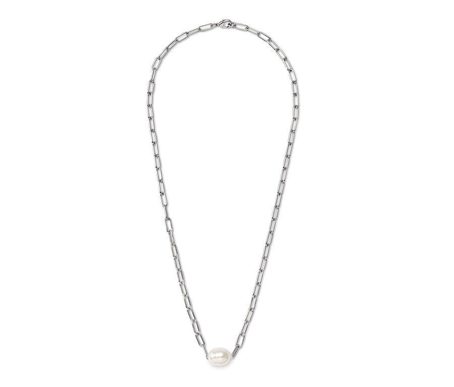 Chaîne argentée avec une perle au centre.
