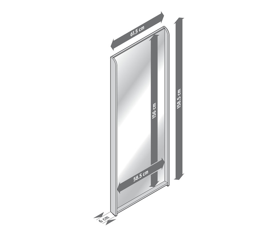 Schéma d'un miroir sur pied avec un cadre en bambou et les dimensions correspondantes.