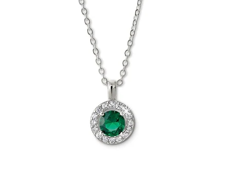 Chaîne en argent avec pierre précieuse ronde verte et pierres claires.