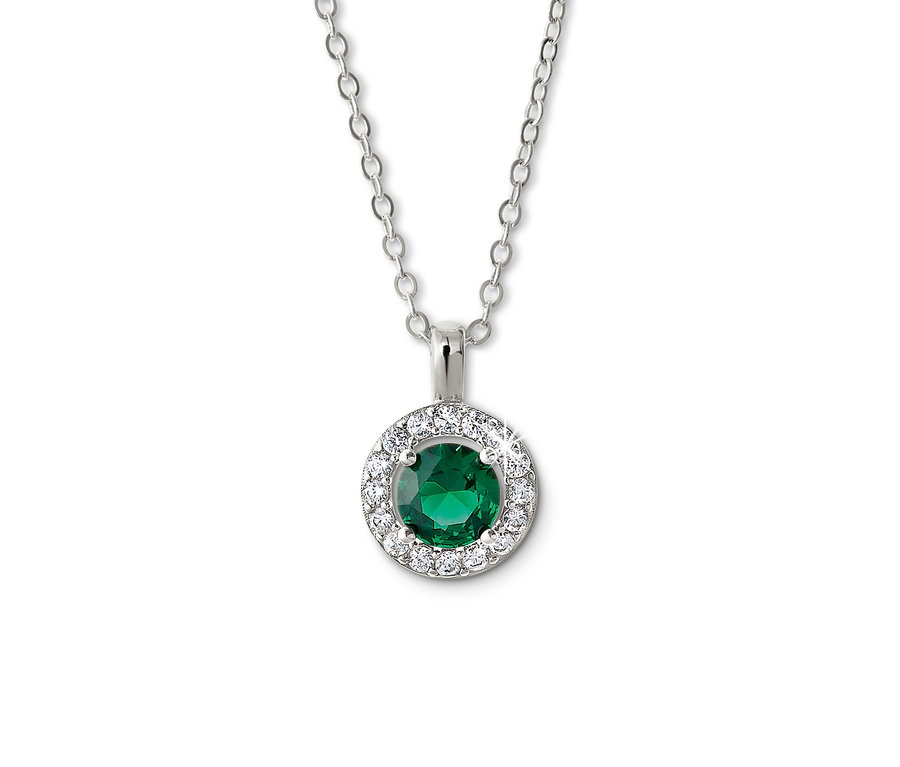 Chaîne en argent avec pierre précieuse ronde verte et pierres claires.