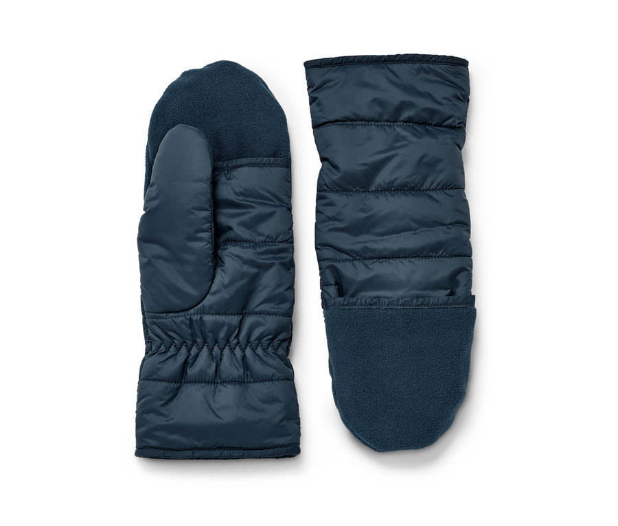 Deux mitaines-moufles matelassées bleu marine sont posées côte à côte sur un fond blanc.