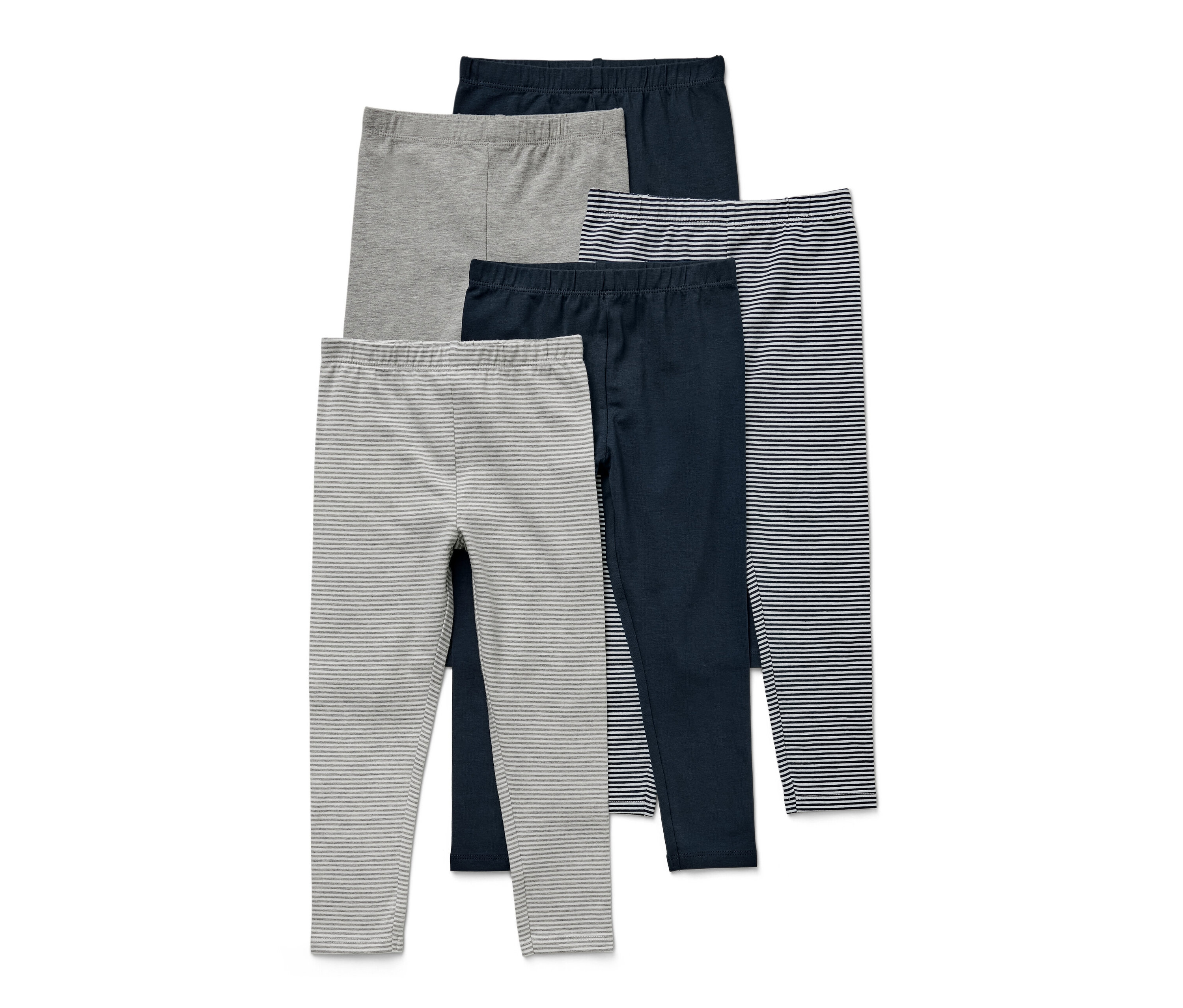 Cinq leggings pour enfant de différentes couleurs et motifs.