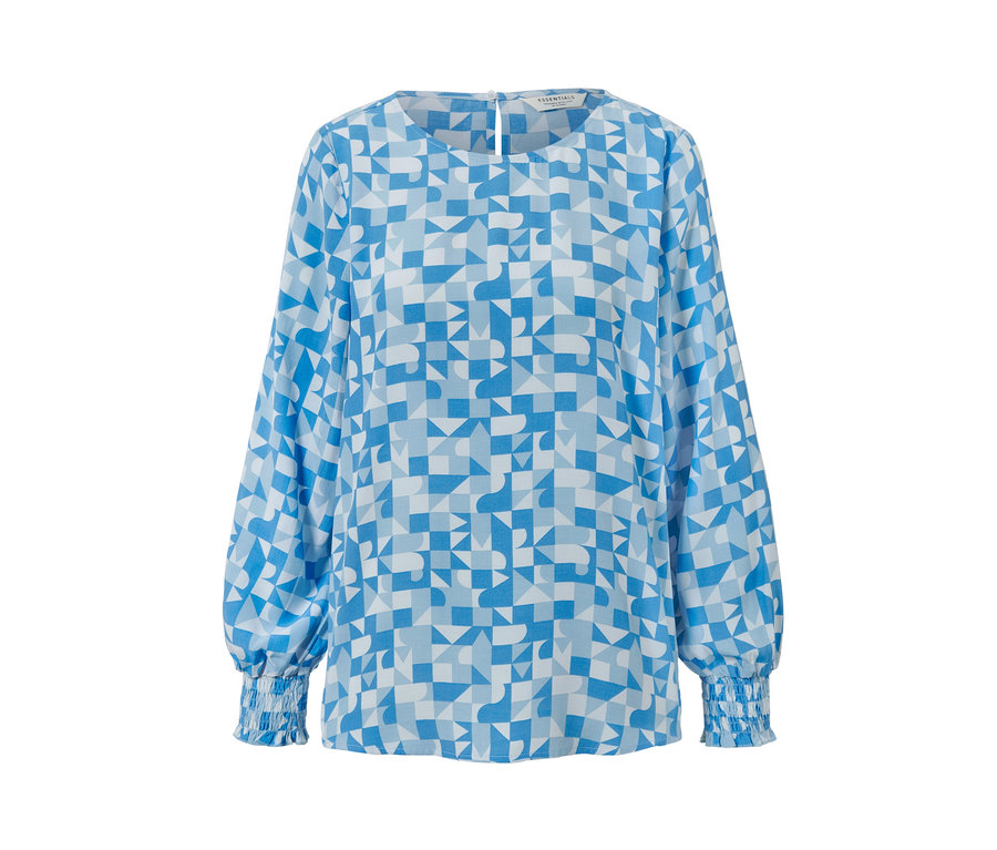 Chemisier imprimé bleu avec un motif géométrique.