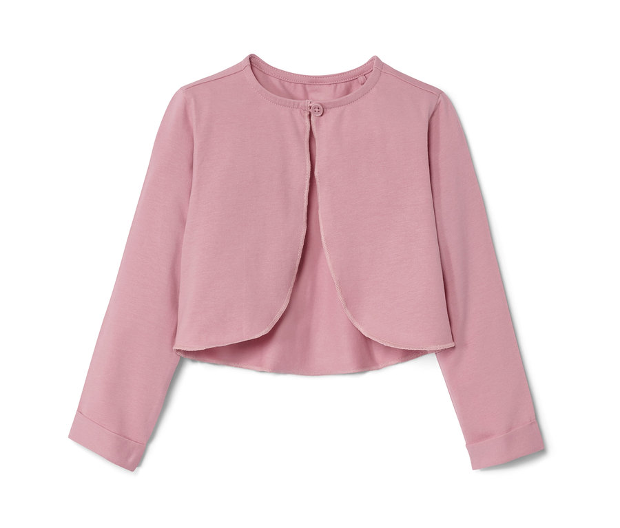 Veste boléro rose pour bébé avec des manches longues et un bouton au centre.