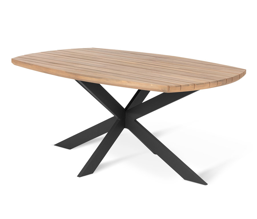 Table à manger rectangulaire avec plateau en bois et pieds en métal noir en forme de X, env. 1,8 m.