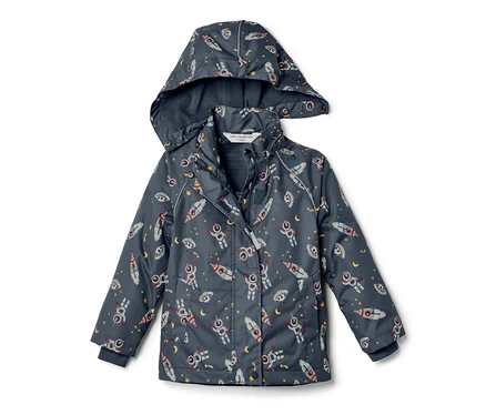 Veste de pluie thermique pour enfant bleu foncé avec motif spatial.