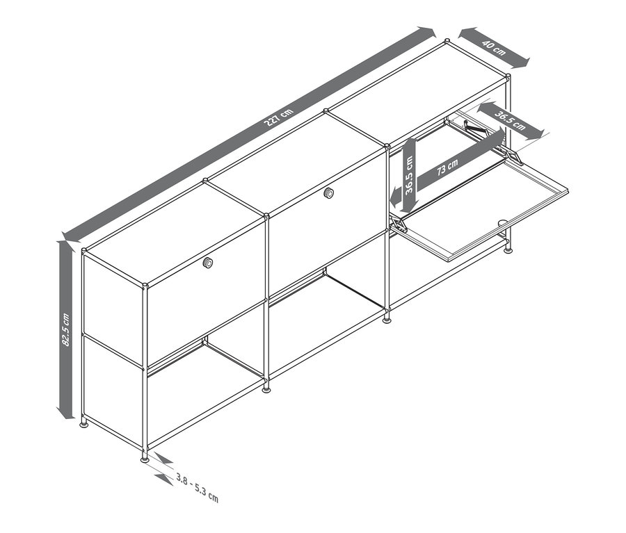 Illustration d'un buffet en métal « CN3 » à 3 abattants amovibles, blanc et gris, avec dimensions.