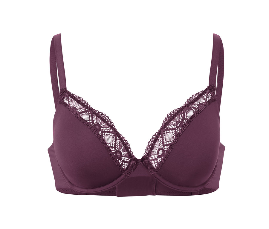 Soutien-gorge à armatures aubergine avec dentelle.