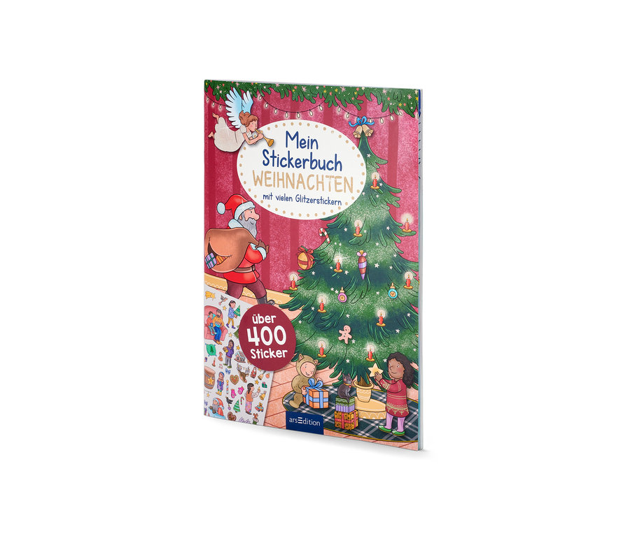 Un livre d'autocollants de Noël avec des illustrations du Père Noël, d'un ange et d'un arbre de Noël.