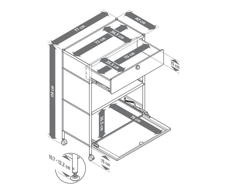 Dimensions de la commode métallique « CN3 » avec 1 tiroir et 1 compartiment à abattant.