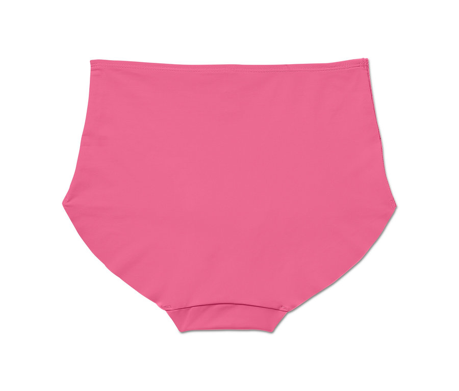 Détail d'un panty taille haute « sculptant légèrement la silhouette » rose sur fond blanc.