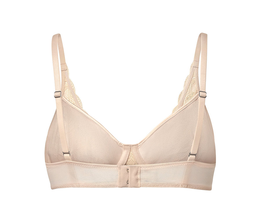 Vue arrière d'un soutien-gorge à armatures beige avec de la dentelle.