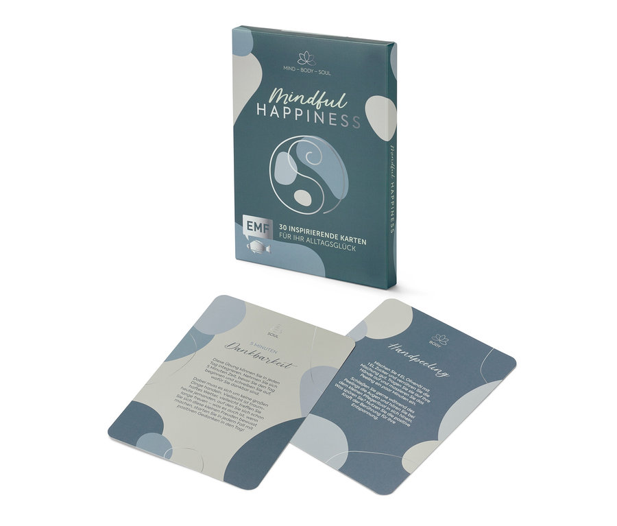 Boîte à cartes « Mindful Happiness » et deux cartes avec du texte.