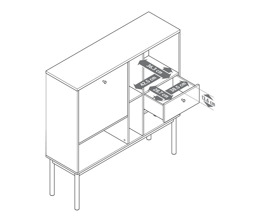 Illustration d'un secrétaire «Bekeson» avec un tiroir ouvert et des dimensions mises en évidence.