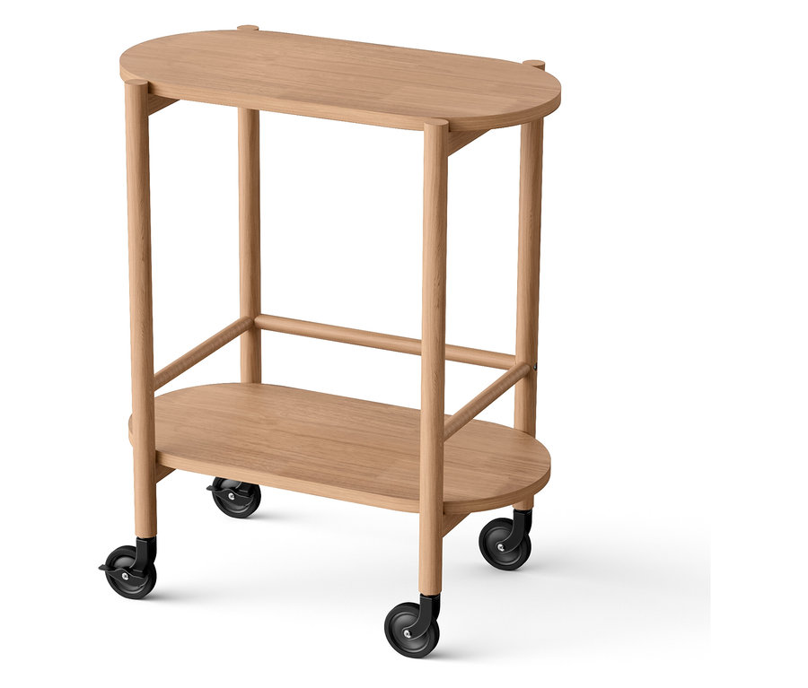 Un chariot de service en bois à deux niveaux sur roulettes.