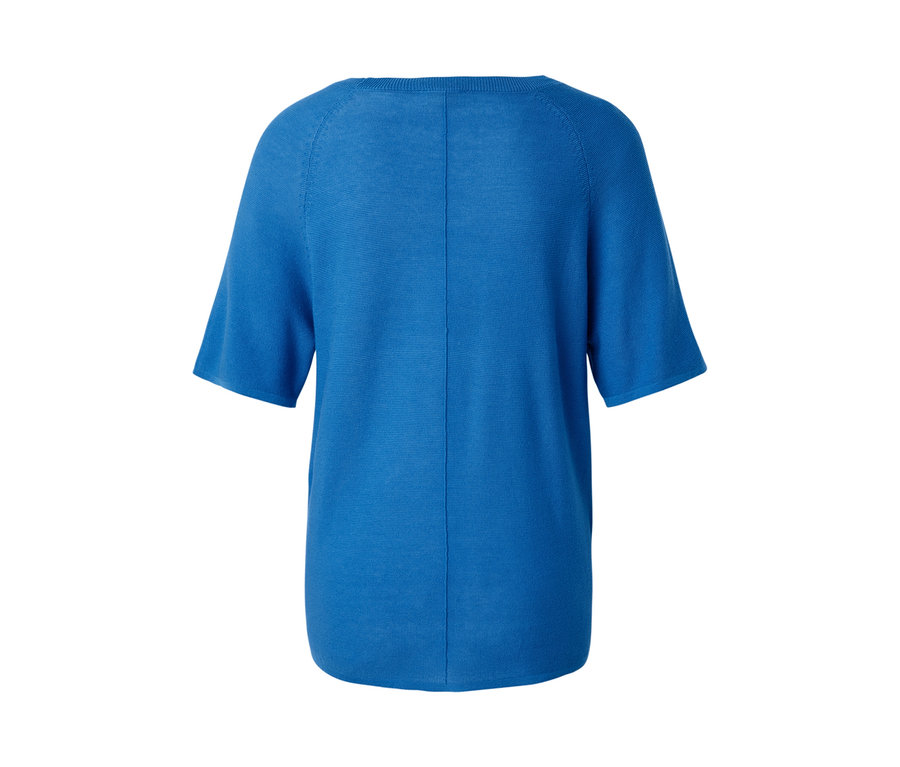 Vue détaillée de l'arrière d'un t-shirt en maille fine bleu cobalt.