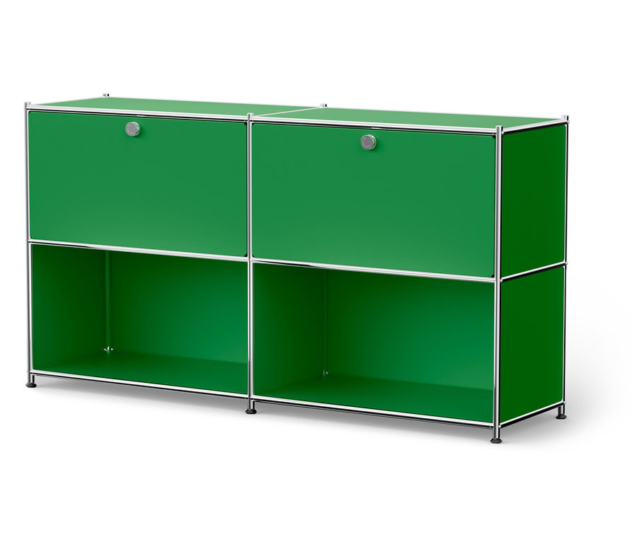 Armoire verte avec quatre compartiments et un cadre argenté.