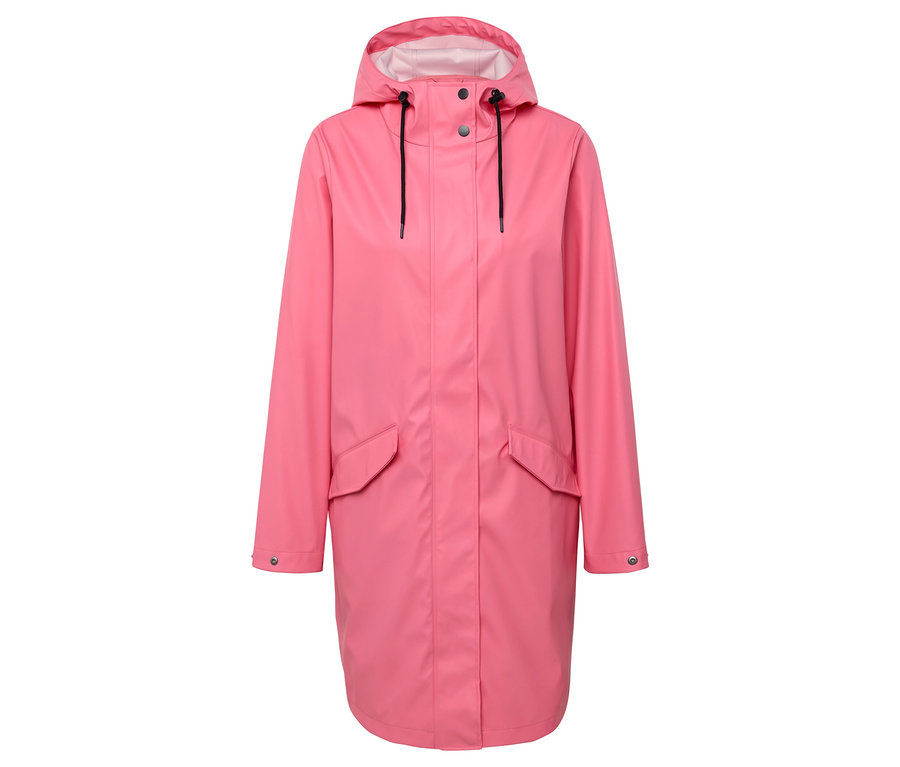 Manteau de pluie rose avec capuche et poches.