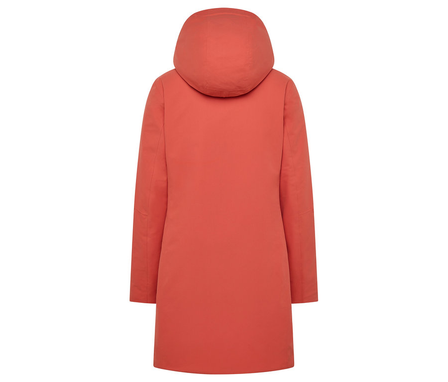 Vue arrière d'un manteau corail à capuche.