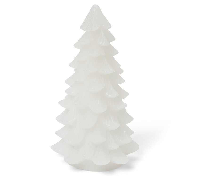 Une bougie décorative blanche en forme de sapin de Noël.