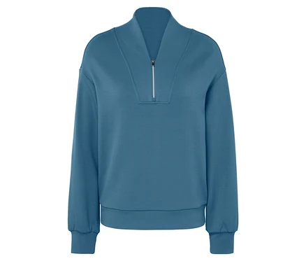 Sweat-shirt bleu à manches longues avec une courte fermeture éclair.