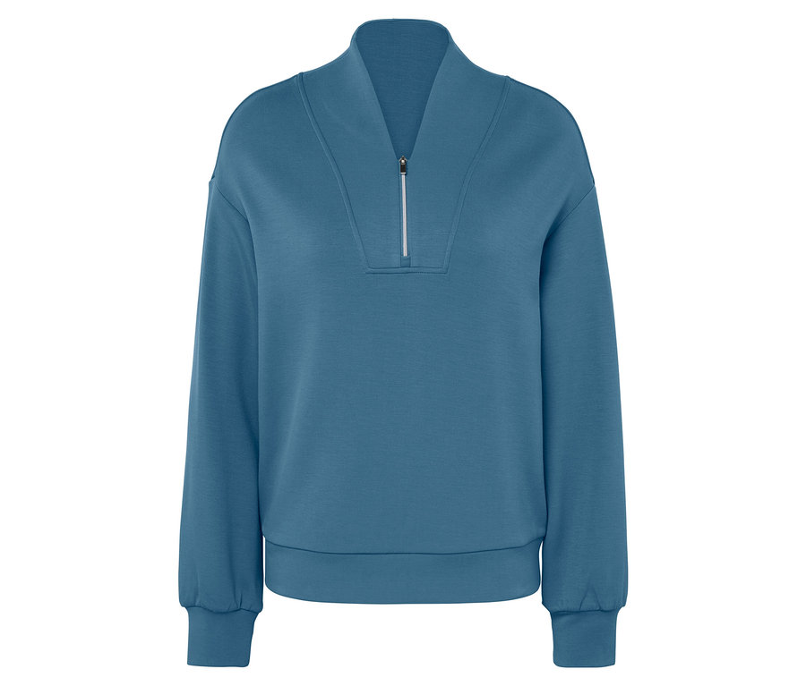 Sweat-shirt bleu à manches longues avec une courte fermeture éclair.