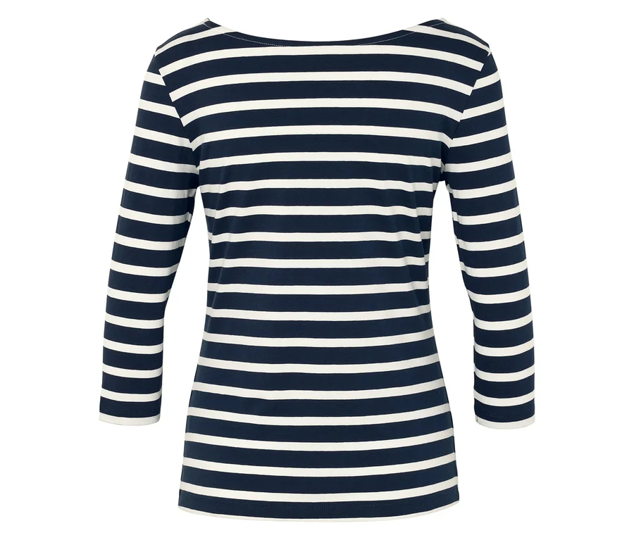 Un t-shirt à rayures à manches longues bleu marine et blanc.