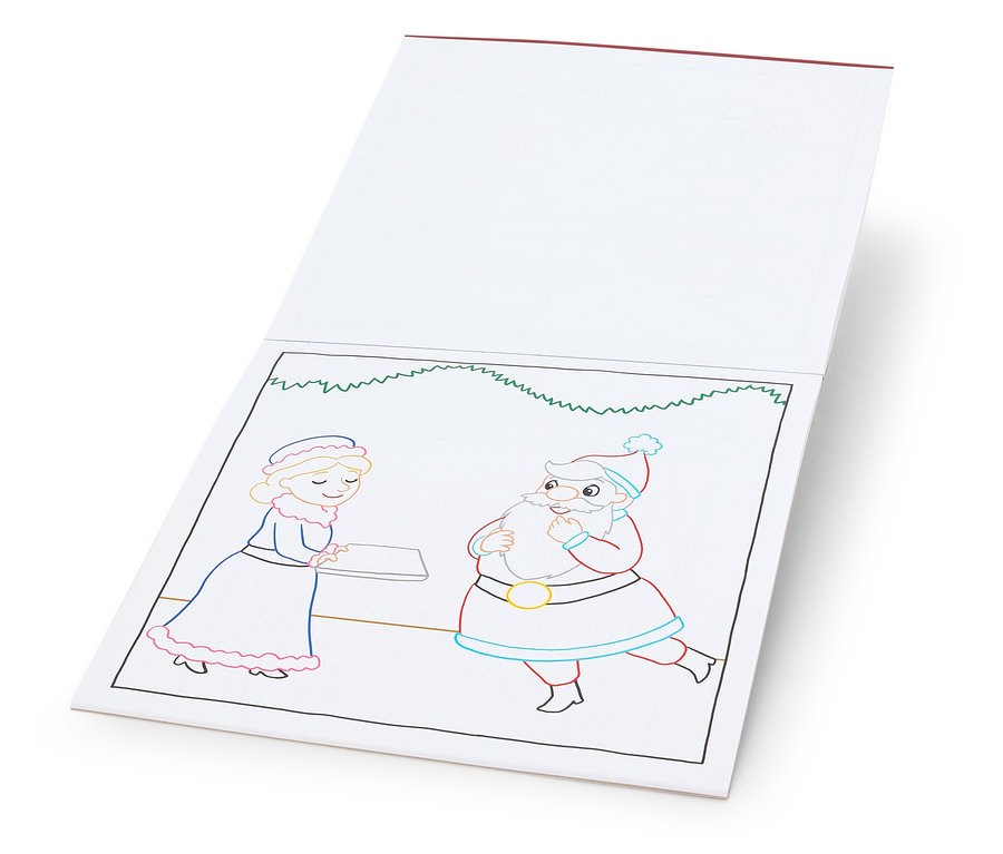 Livre ouvert avec une illustration du Père Noël et d'une femme en robe.