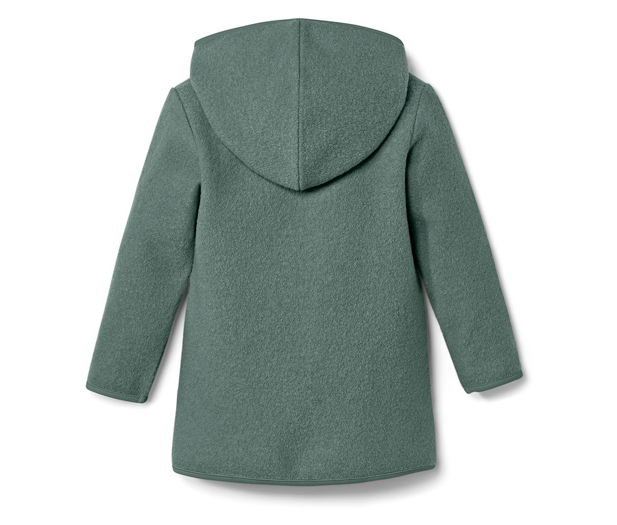 Vue arrière d'un manteau en laine vert avec capuche.