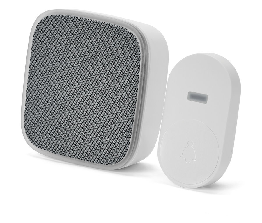 Sonnette sans fil blanche Funktürklingel avec grille de haut-parleur grise.