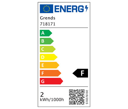 Étiquette énergétique Grends 718171, classe F, consommation 2 kWh/1000h.