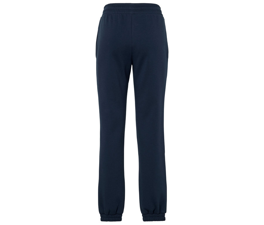 Vue arrière d'un pantalon de survêtement bleu marine avec taille et poignets élastiques.