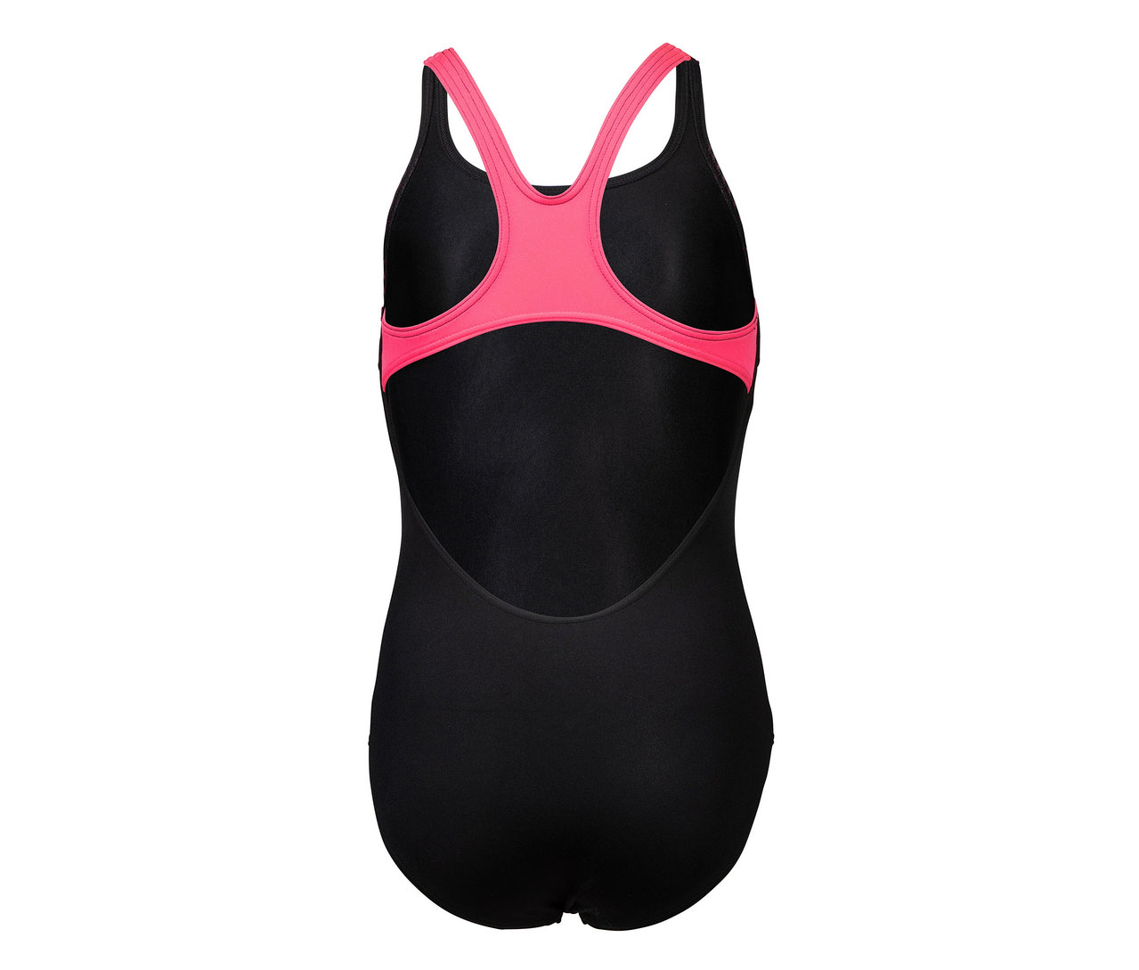 Maillot de bain arena Performance Poseidonia Swim Pro Back pour enfant, noir avec bretelles et bordures roses, vue arrière.