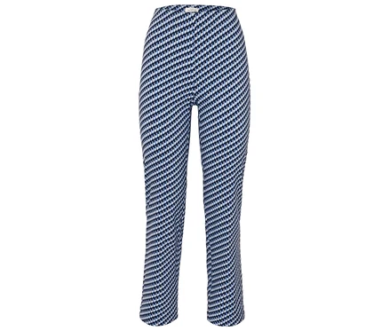 Pantalon à motifs bleus et blancs.