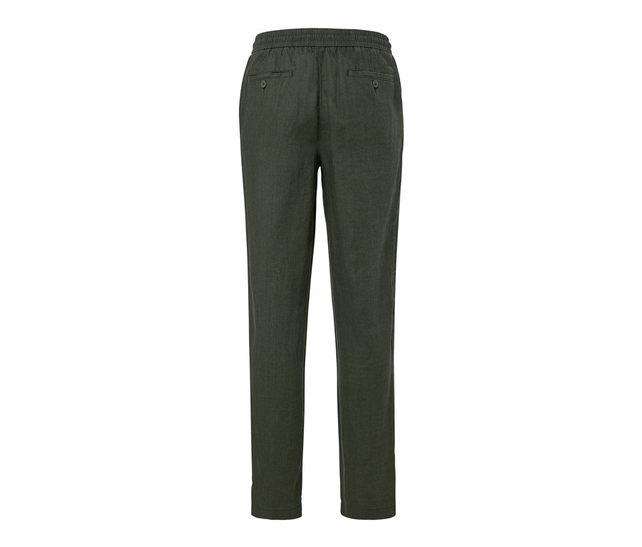 Pantalon chino en lin kaki vu de derrière.