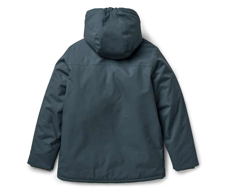 Vue arrière d'une veste d'hiver bleu foncé avec capuche.
