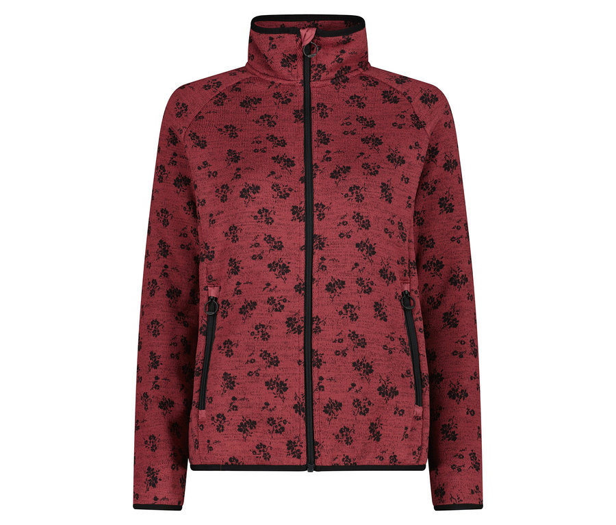 Une veste en polaire bordeaux avec une fermeture éclair et un motif floral noir.