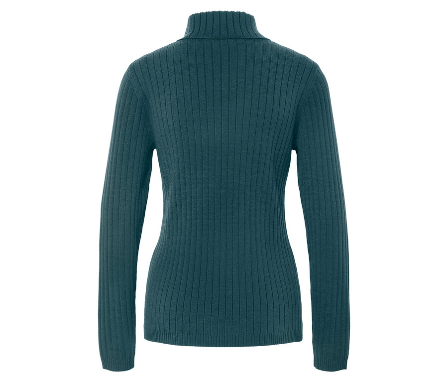 Vue arrière d'un pull à col roulé vert émeraude à manches longues en tricot côtelé.