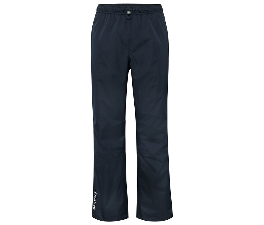 Pantalon de pluie bleu marine avec taille élastique et inscription DRYPROOF™ sur la jambe.