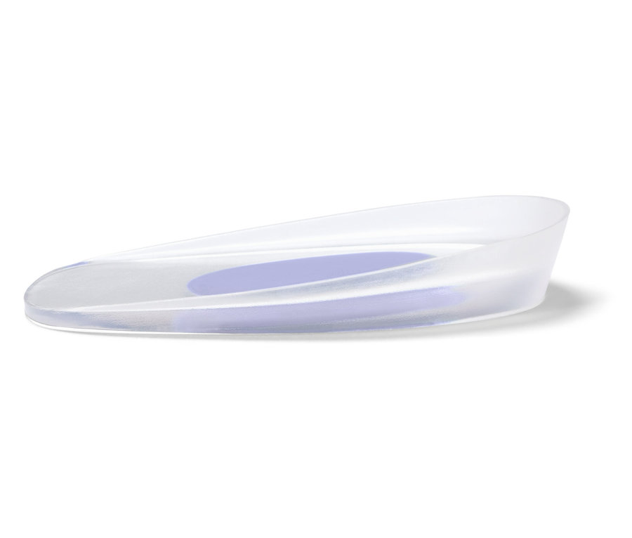 Talonnette transparente avec ovale violet sur fond blanc.