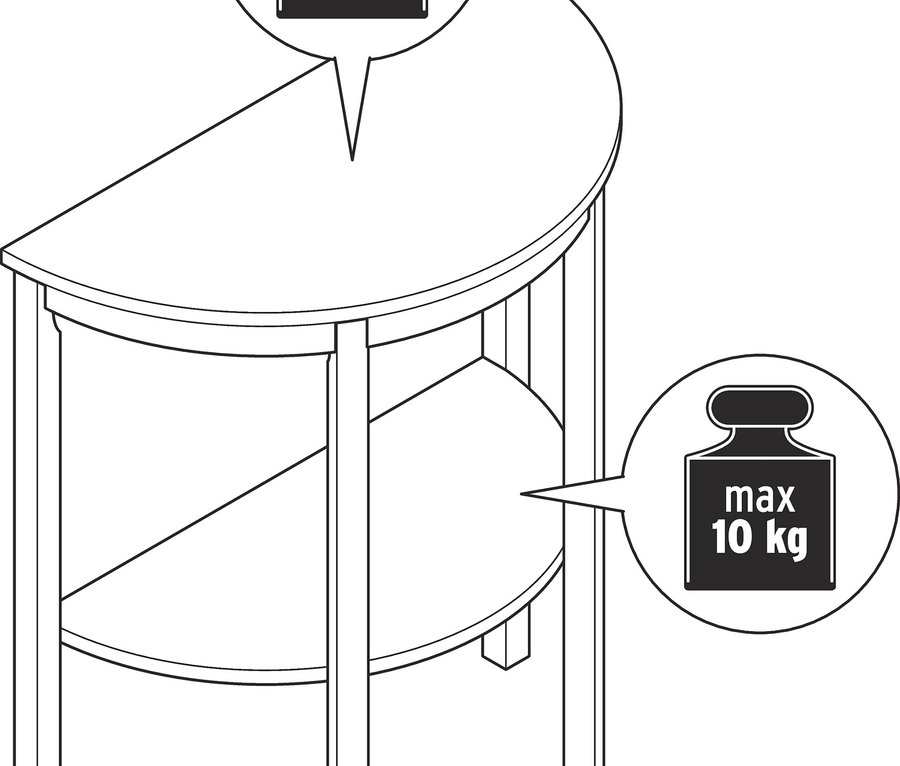 Dessin d'une console demi-circulaire de style campagnard avec une capacité de charge maximale de 15 kg en haut et 10 kg en bas.
