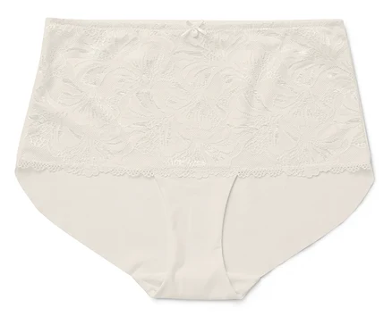 Culotte beige avec dentelle florale et nœud à la taille.
