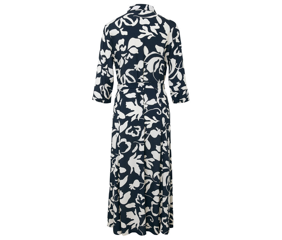 Vue arrière d'une robe longue à manches trois-quarts, bleu foncé avec un motif floral blanc.
