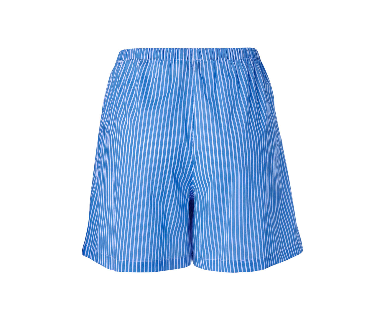 Short tissé bleu avec rayures blanches.