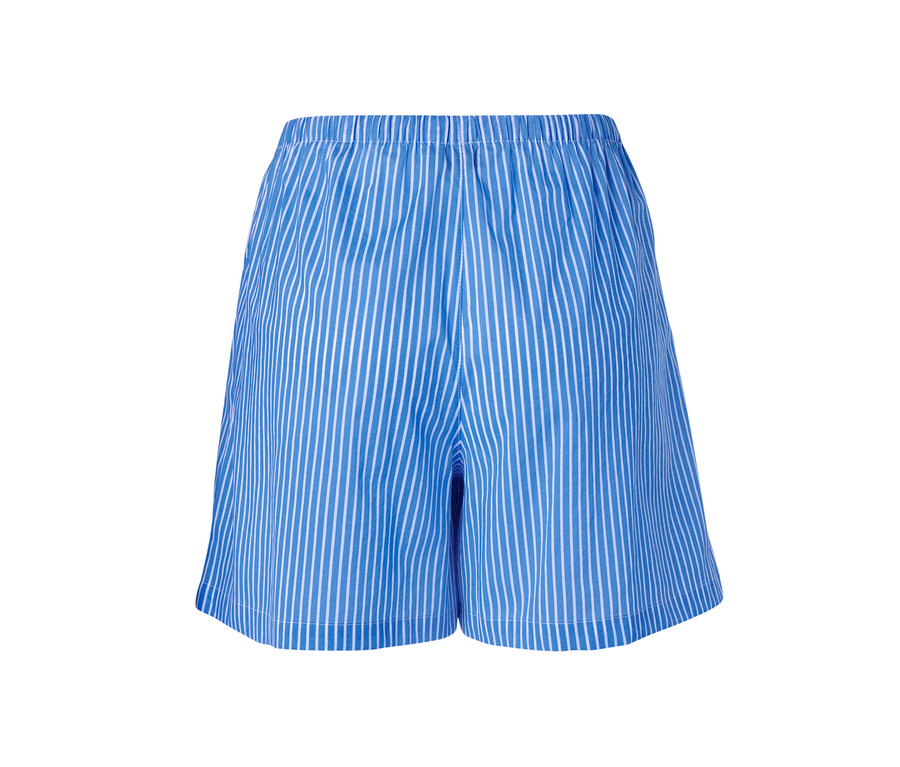 Short tissé bleu avec rayures blanches.