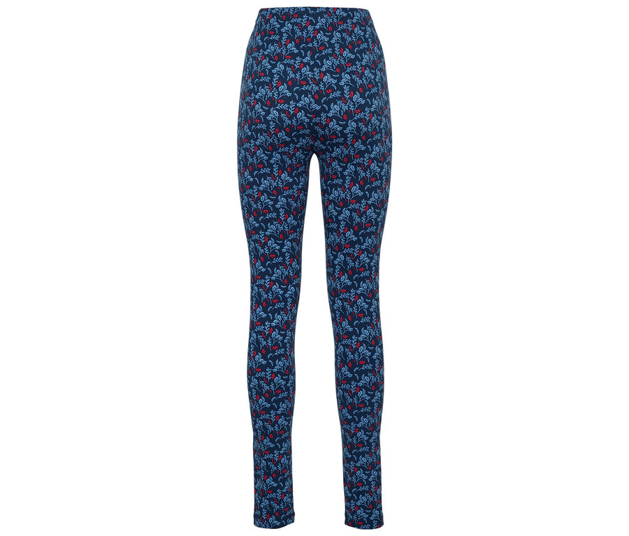 Leggings bleus avec motif floral rouge.