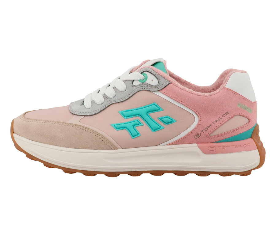 Une seule basket Tom Tailor rose, beige et turquoise se dresse sur un fond blanc.
