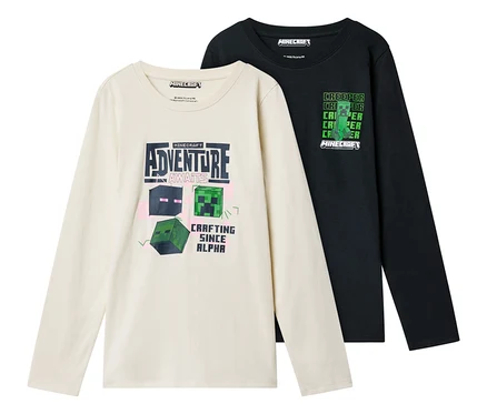 Deux t-shirts à manches longues Minecraft, un beige avec un imprimé Aventure et un noir avec un imprimé Creeper.